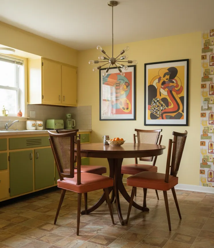 Quatro cadeiras antigas para restaurar, com almofadas vermelhas, em uma sala de jantar acolhedora.