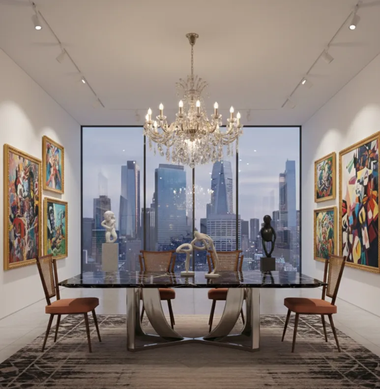 Set of 4 antique chairs with orange upholstery in elegant dining room with modern art.