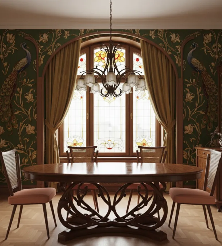 Ensemble de 4 chaises anciennes prêtes à être restaurées, dans un environnement décoratif avec des murs détaillés et une table centrale.