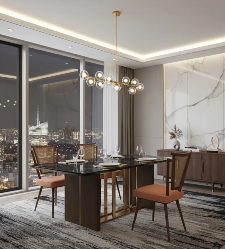 현대식 식당에 놓인 4개의 고전 의자 세트