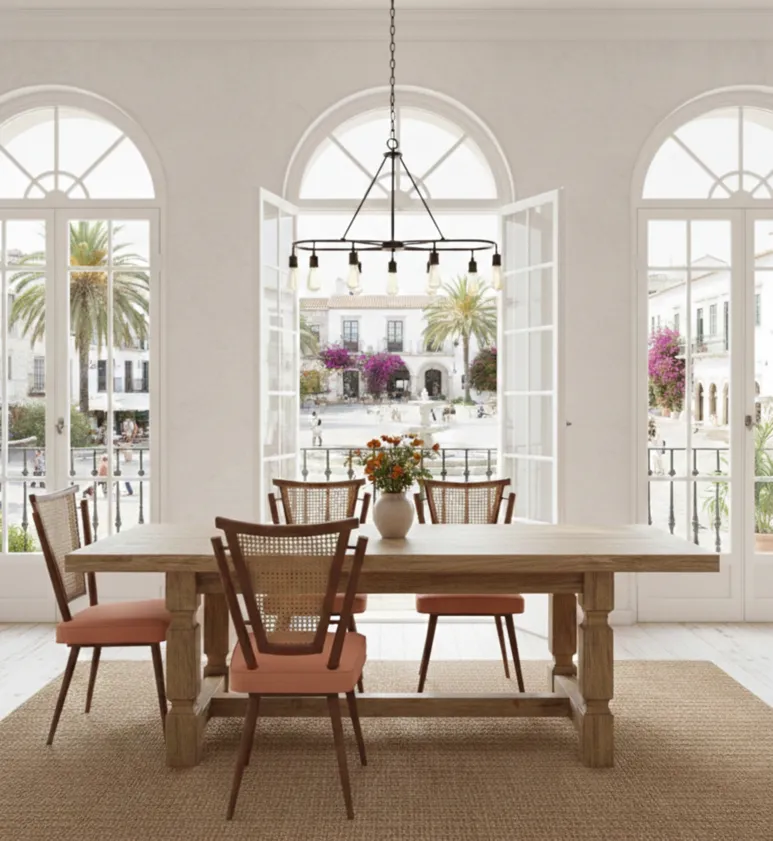 明るいダイニングルームの4脚の古い椅子、クッション付き