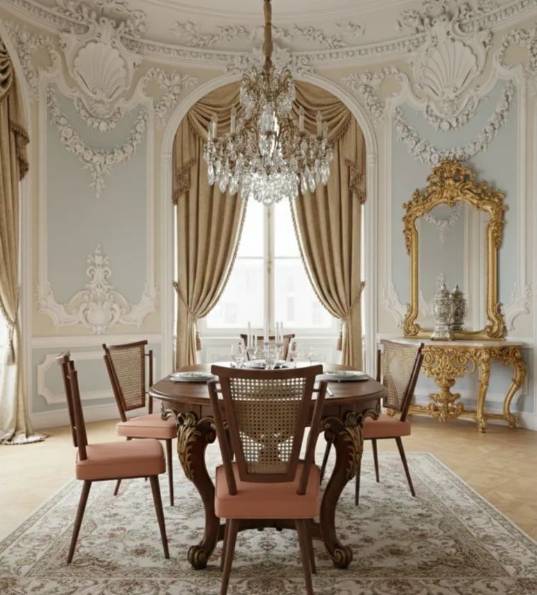four antique chairs in an art deco decorative setting
