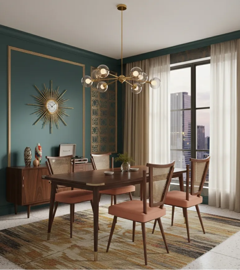 चार प्राचीन कुर्सियाँ, आडंबर वाले कमरे में आड़ हैं।