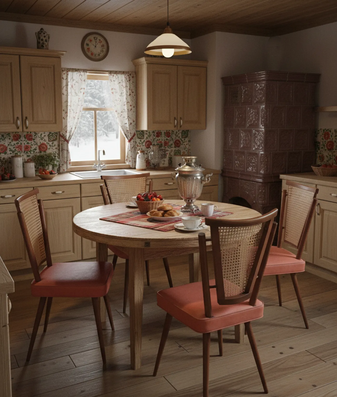 Four antique chairs with pink upholstery and wicker backs in a cozy kitchen.