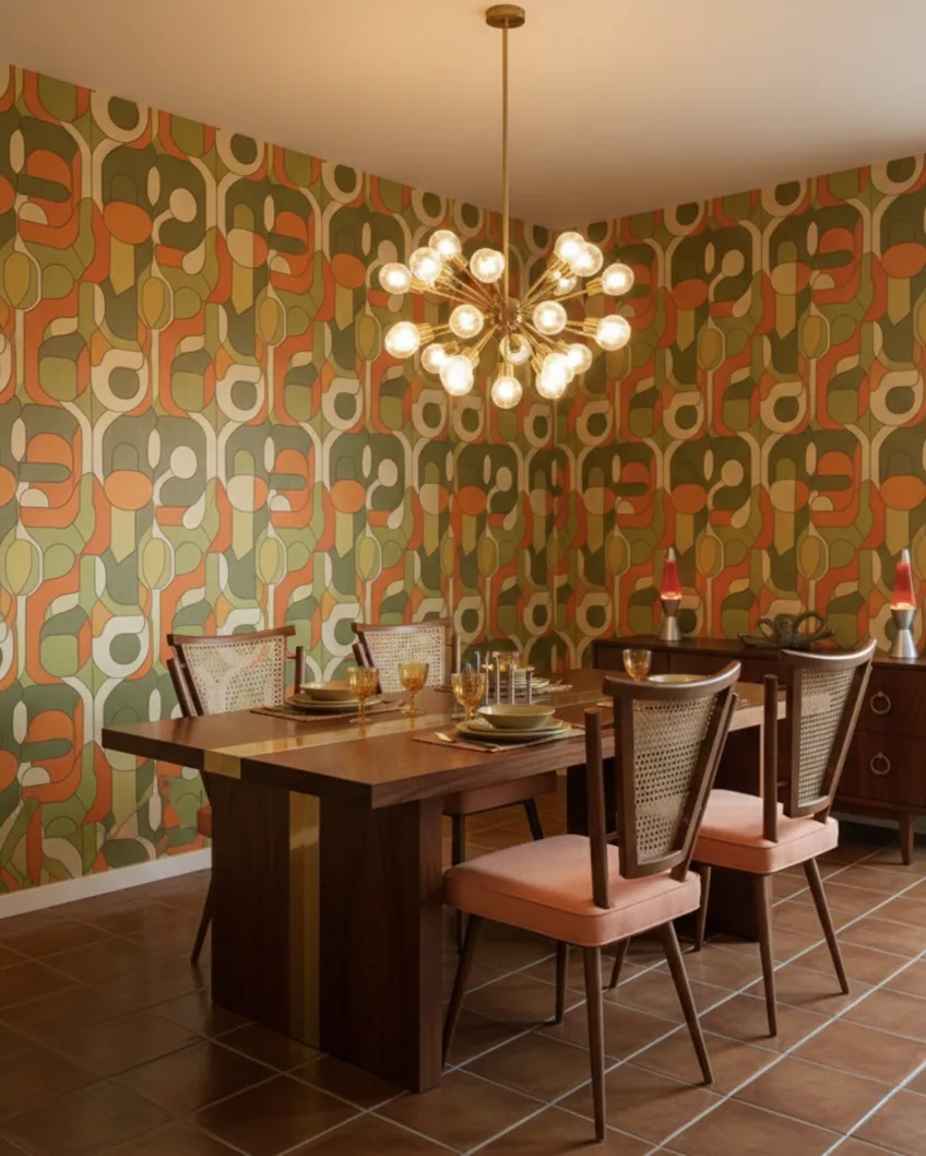 Conjunto de 4 cadeiras antigas para restaurar em um ambiente retrô com paredes coloridas.