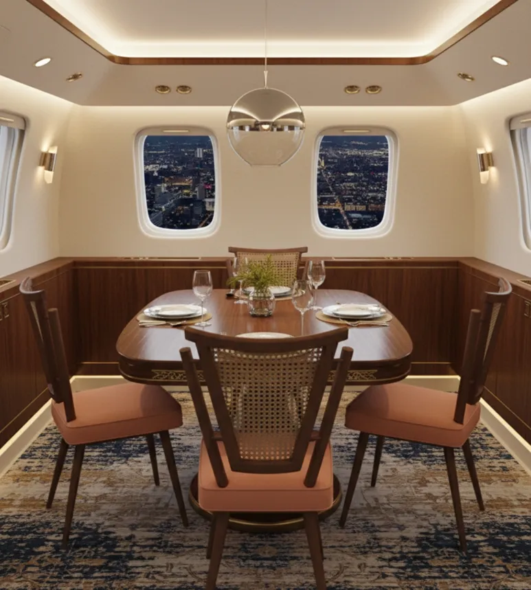 Вид четырех антикварных стульев, расположенных вокруг элегантного обеденного стола при естественном свете