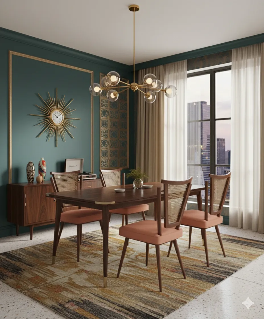 Four antique chairs in an elegant setting with modern decor.