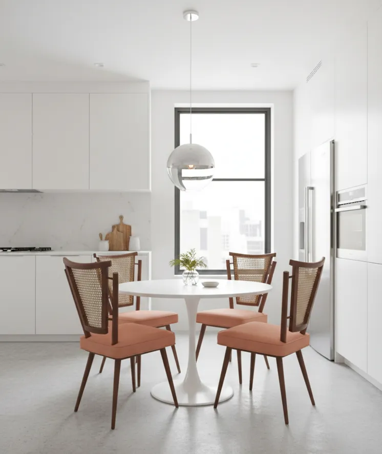 Four antique chairs with cushions in a modern setting