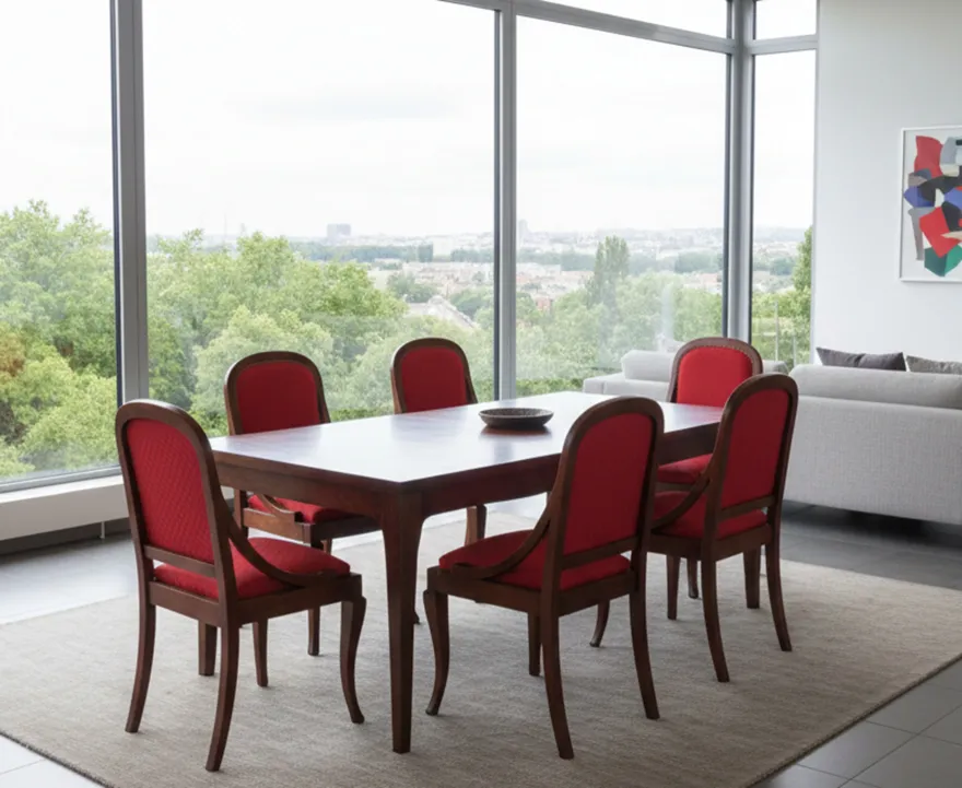 seis cadeiras antigas com estofamento vermelho ao redor de uma mesa