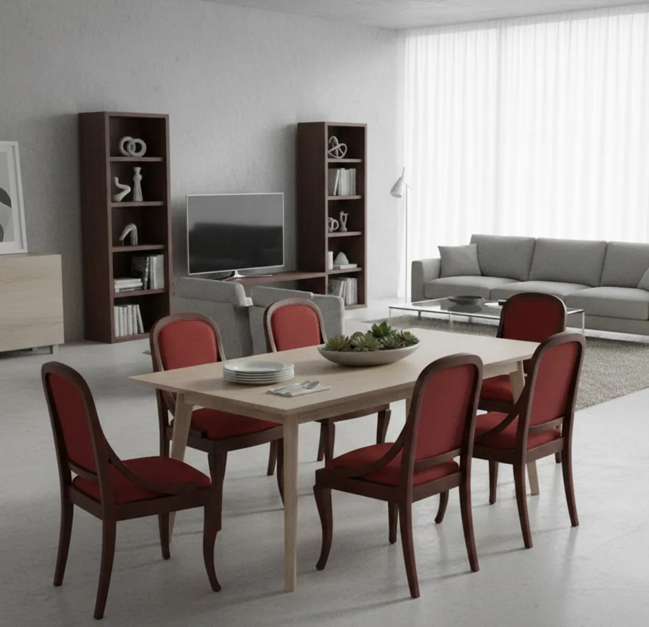 Set of 6 antique chairs with red upholstery in a modern setting.