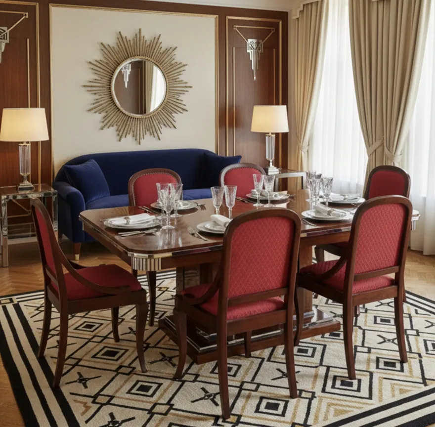 6 cadeiras antigas com almofadas vermelhas em uma sala de jantar elegante