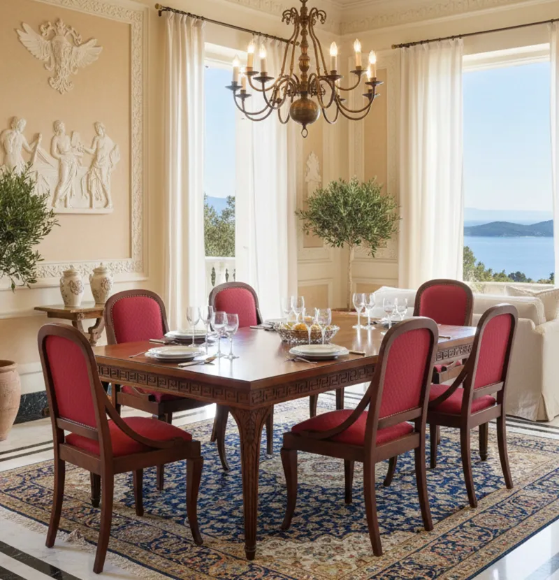 6 sillas antiguas con tapizado rojo, ambiente elegante con mesa