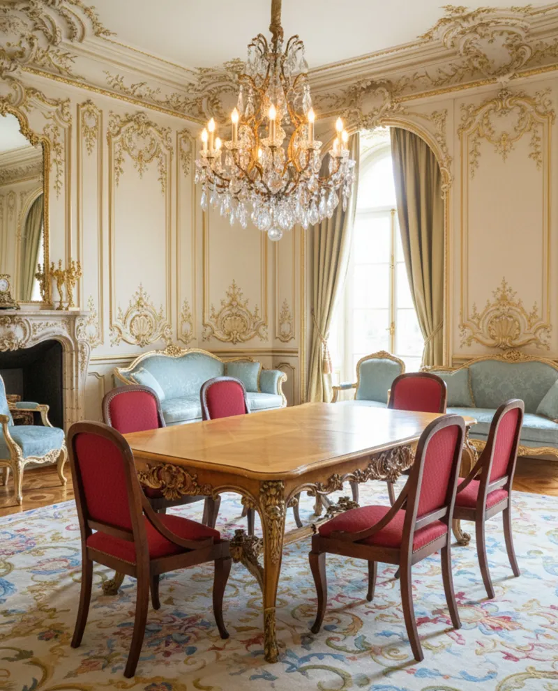 Sei sedie antiche in un ambiente elegante, dettagli dorati.