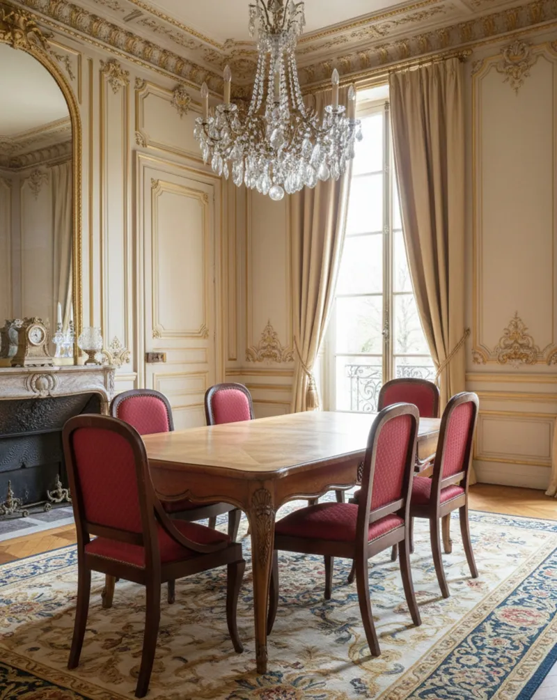 Seis cadeiras antigas para restaurar em uma elegante sala de jantar com lustre