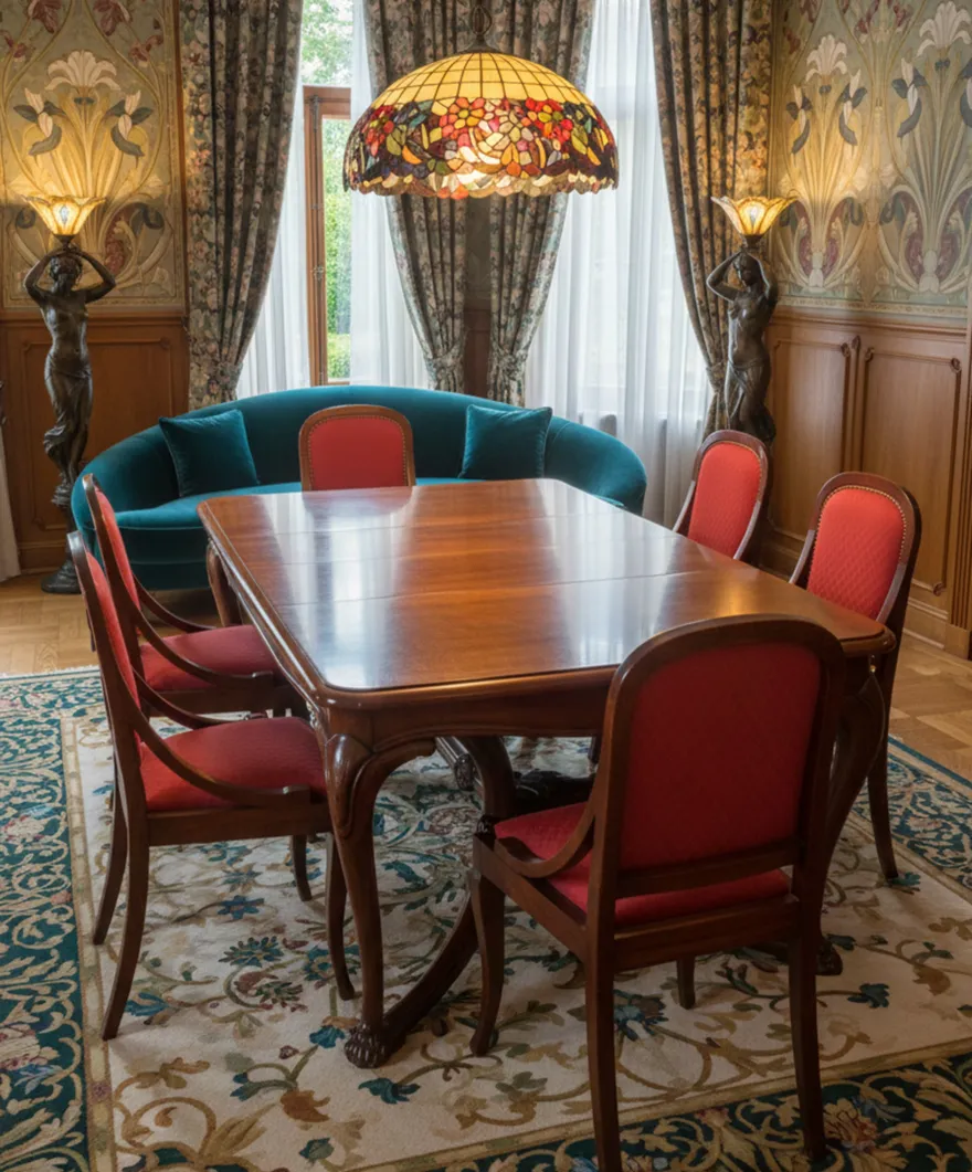 6把古董木椅子，配有红色靠垫，位于优雅的餐厅中