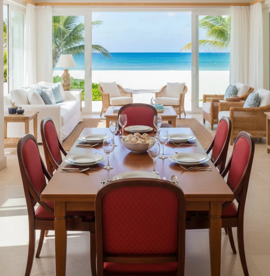 六把带红色内饰的古董椅子在餐厅