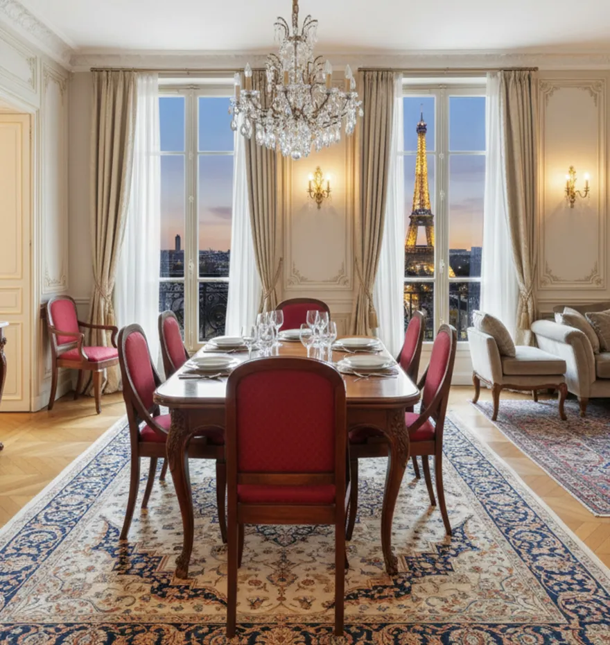 Elegantes Esszimmer mit 6 antiken Stühlen und Blick auf den Eiffelturm