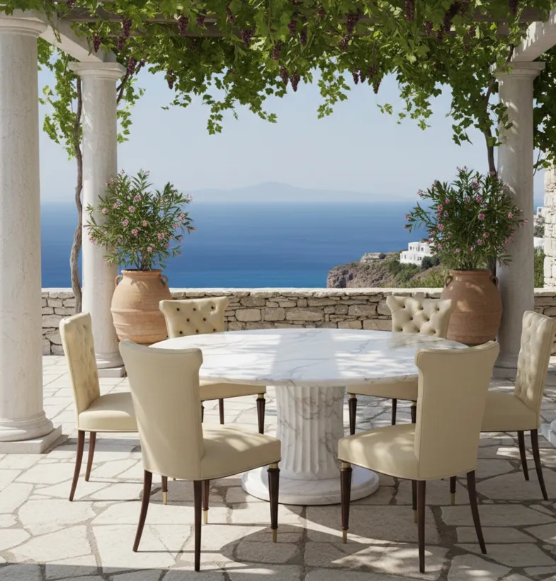 Conjunto de 6 cadeiras antigas em ambiente externo com vista para o mar.