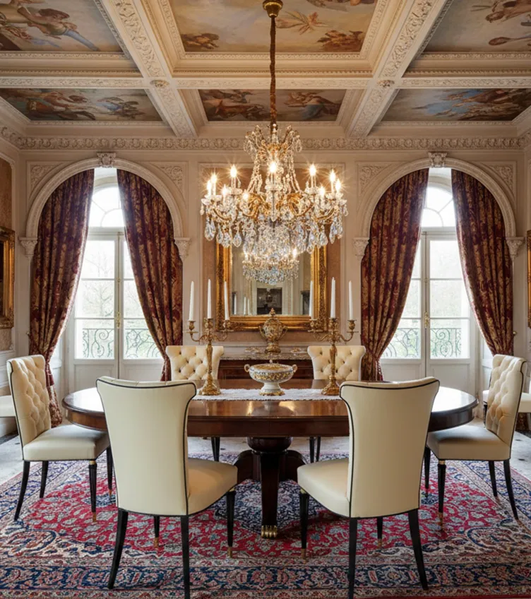 Set of 6 antique chairs in dining room with natural light