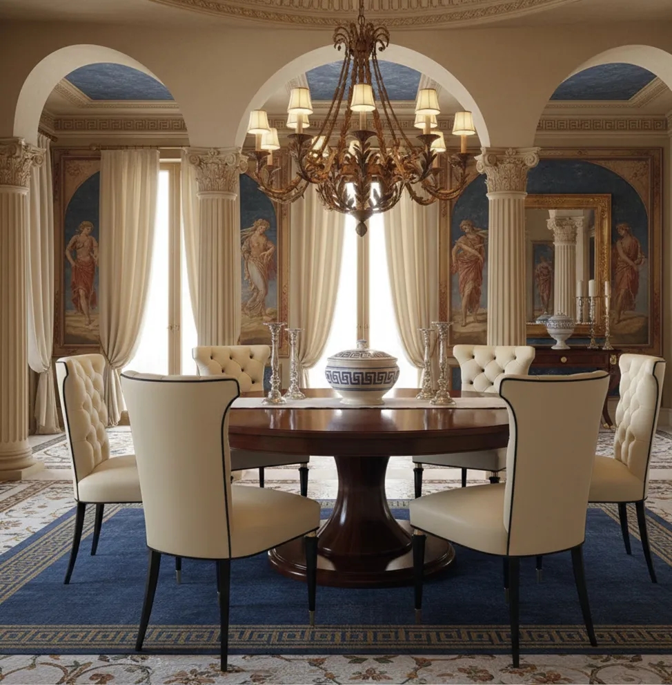 6 antique chairs in a classic dining room with chandeliers and decor