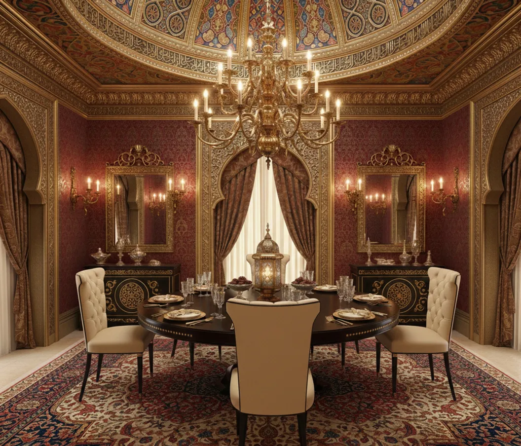 Salle à manger élégante avec 6 chaises anciennes et des détails luxueux.
