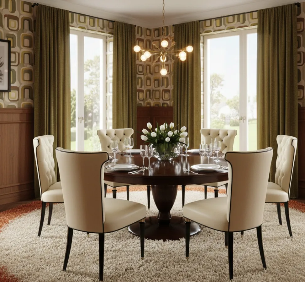 Set di sei antiche sedie pronte per la restaurazione, con un design elegante intorno a un tavolo da pranzo