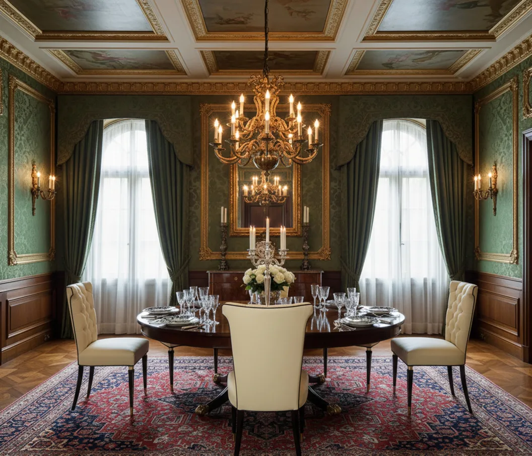 Set aus 6 antiken Stühlen zum Restaurieren in einem eleganten Esszimmer mit Kronleuchtern