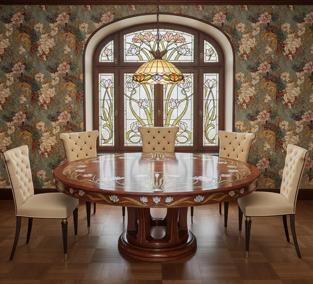6 antique upholstered chairs in an elegant setting, with a glass lamp in the background