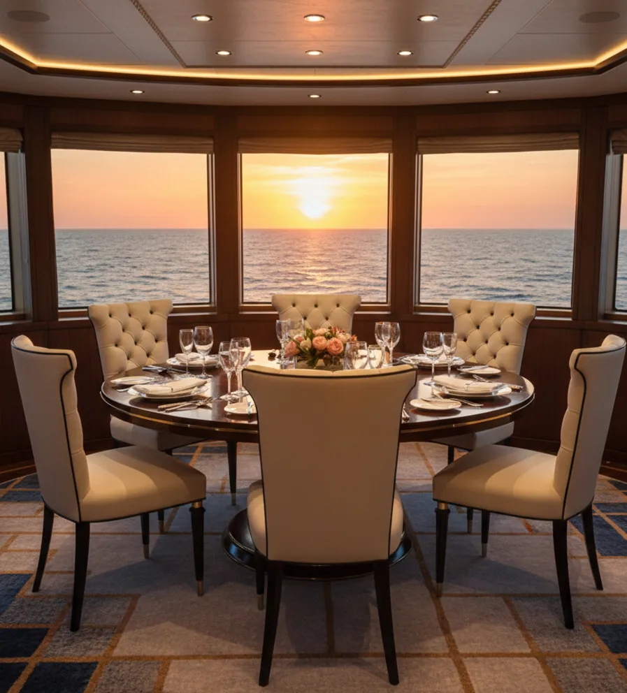 six antique chairs arranged around a decorated table in an elegant seaside setting