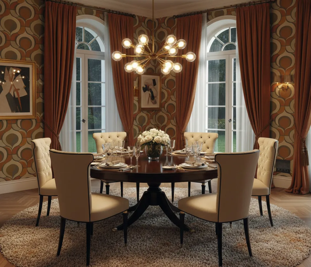 Set aus 6 antiken Stühlen zum Restaurieren in einem eleganten Esszimmer mit gedecktem Tisch.