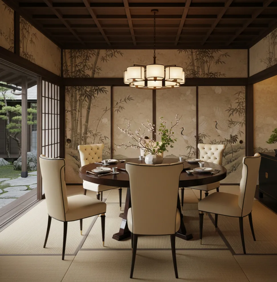 6 antique chairs with elegant design in refined dining area