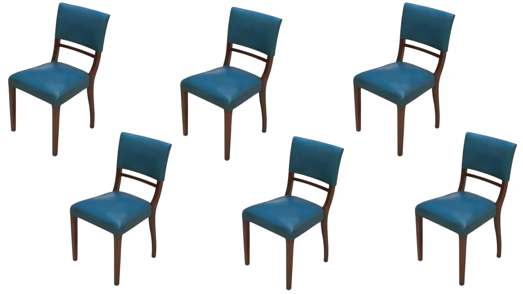 Six chairs to restore, classic design, blue color, neutral setting.