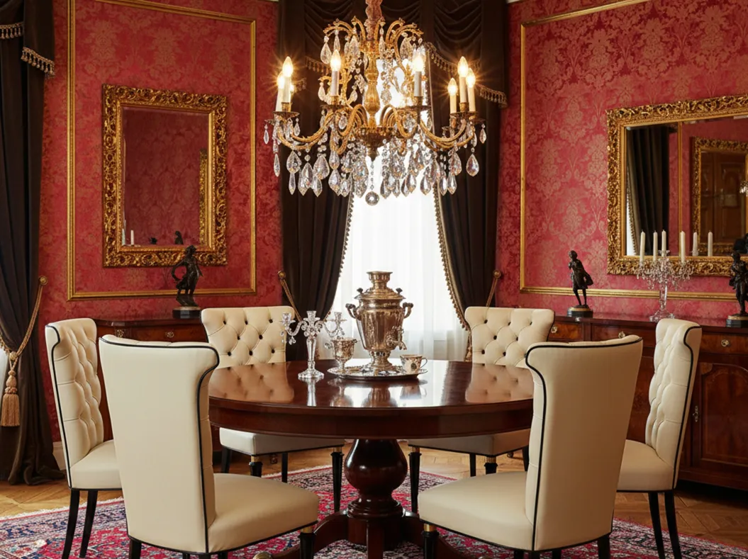 优雅的环境中有6把古董椅子待恢复，周围有桌子，金色光线和豪华装饰。