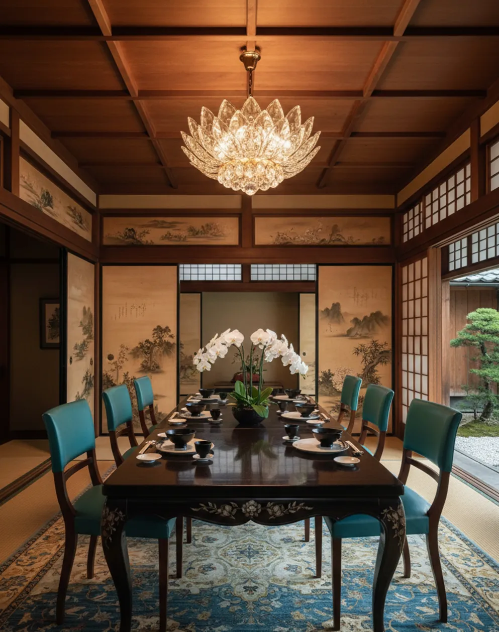 seis cadeiras antigas coloridas em um ambiente elegante