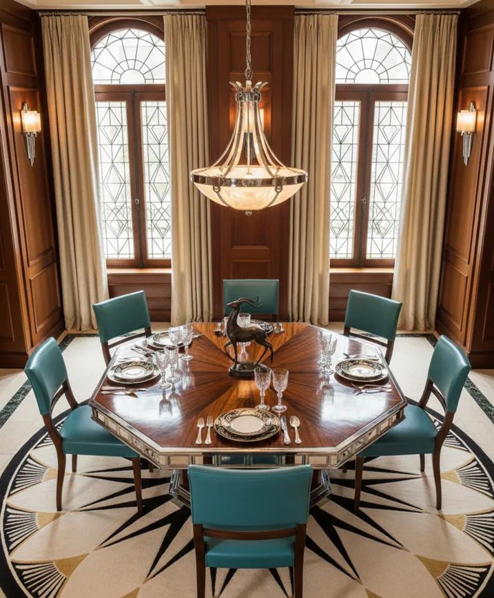 Vista de comedor con seis sillas antiguas para restaurar y una mesa octogonal.