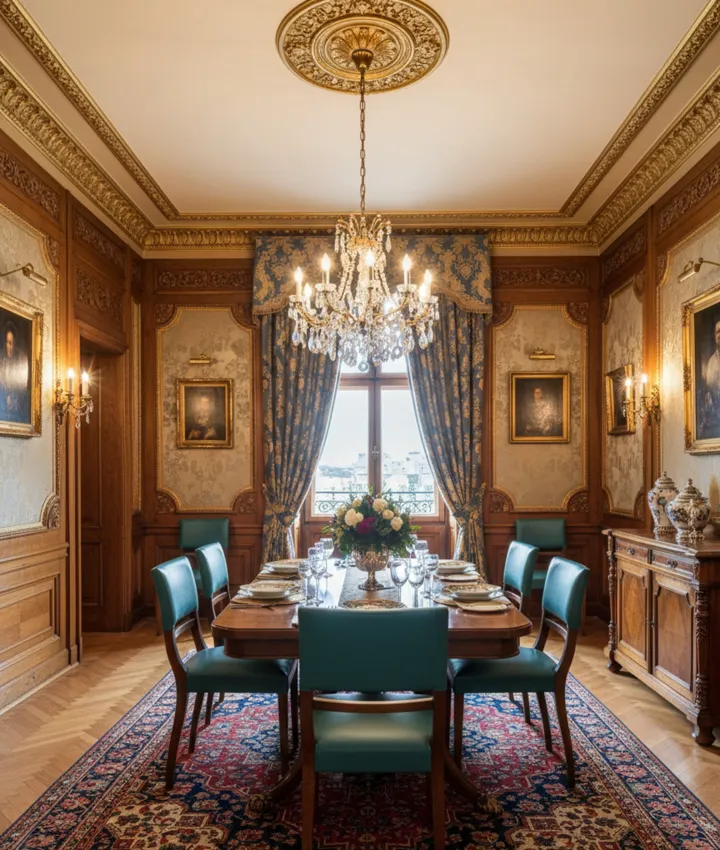 6 sedie antiche da pranzo con rivestimento elegante in un ambiente decorato