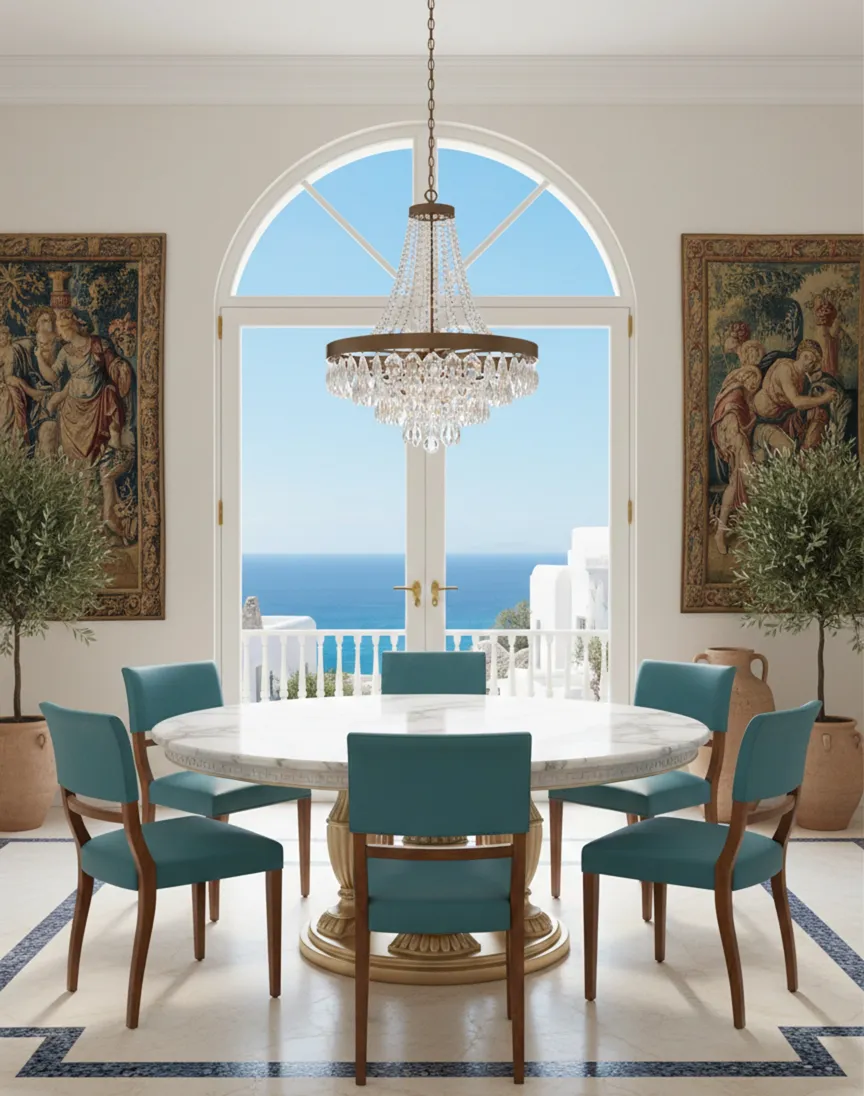 six chaises antiques avec rembourrage bleu dans un cadre lumineux