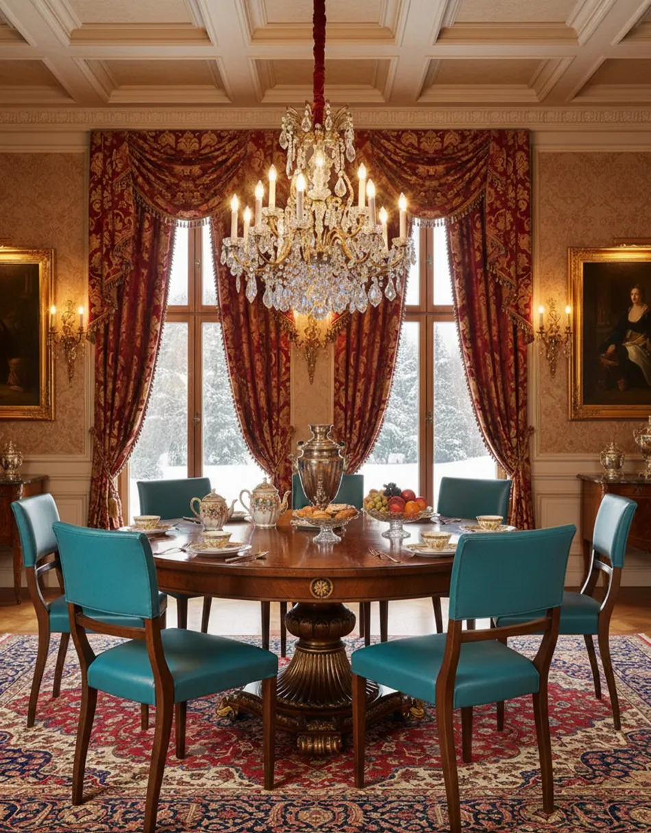 六把古董椅子，蓝色软垫，优雅的餐厅环境。