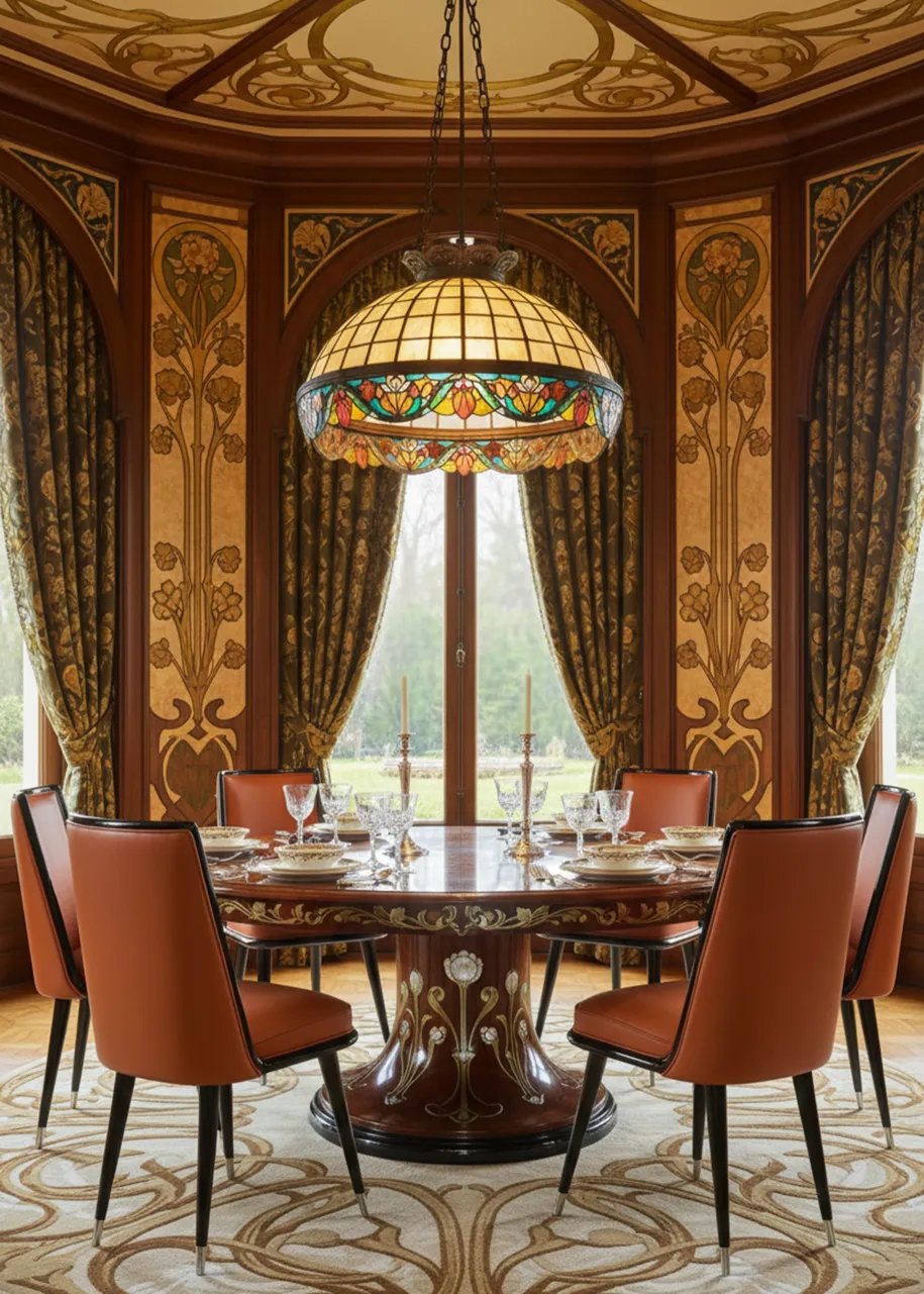 우아한 환경의 둥근 테이블 옆에 있는 6개의 고전 의자