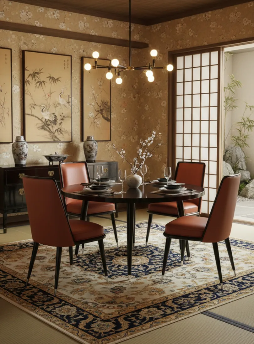 Set aus 6 antiken Stühlen zum Restaurieren in einem eleganten Umfeld, umgeben von Dekor und einem Tisch.