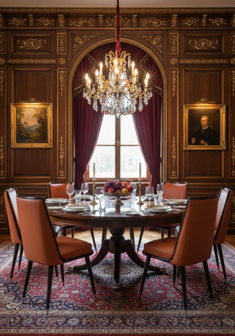 seis cadeiras antigas em uma sala de jantar elegante com lustre