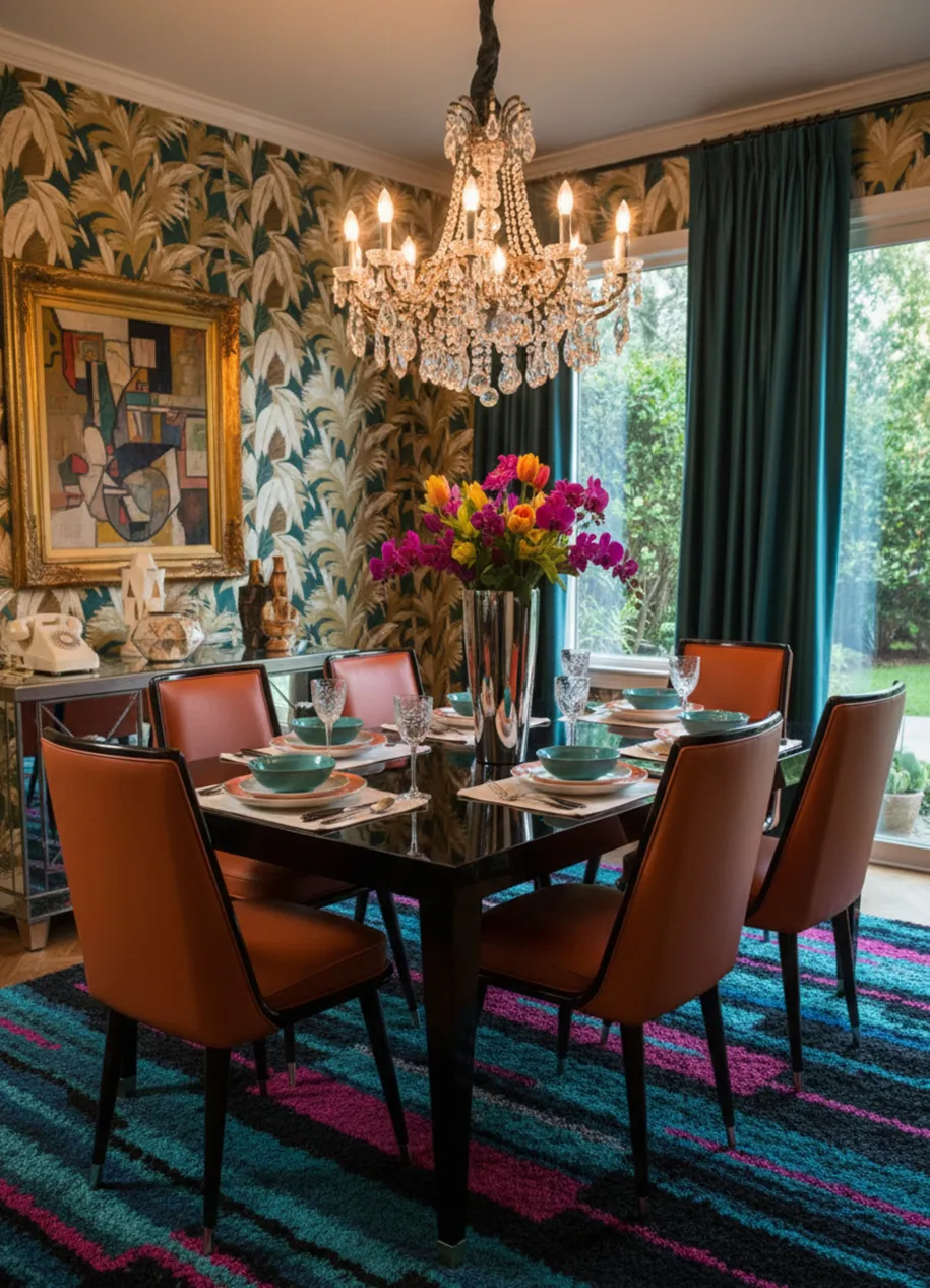 6 sedie antiche in una sala da pranzo colorata con piante