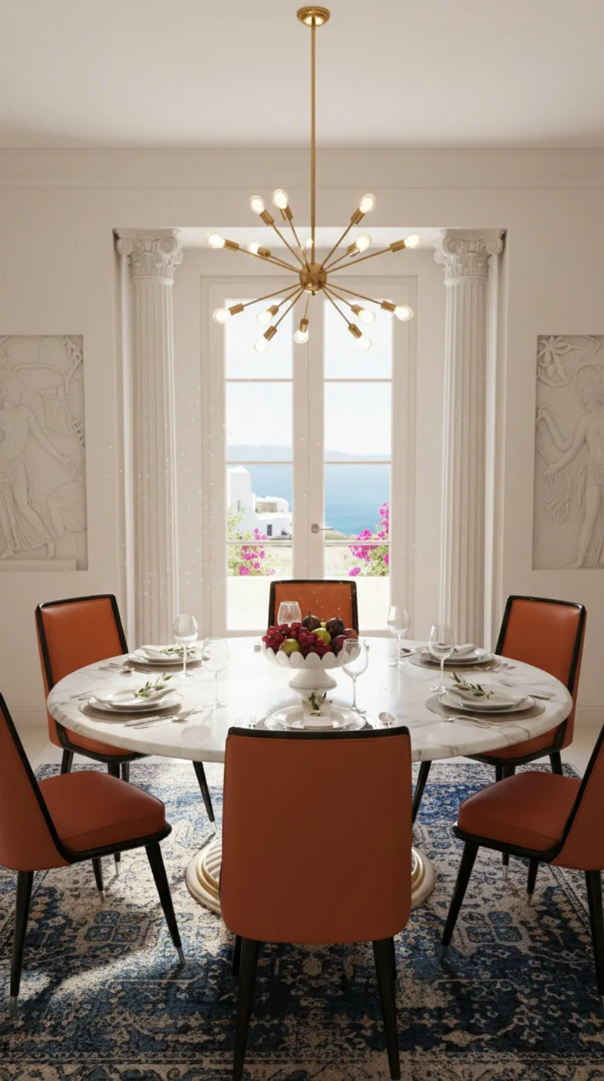 6 cadeiras antigas em um aconchegante sala de jantar com vista para o mar