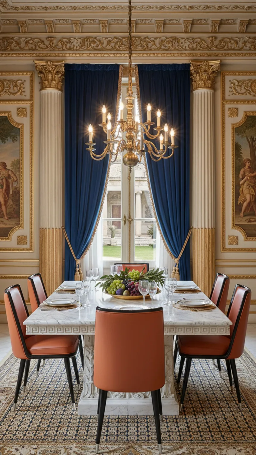 Seis sillas antiguas en un ambiente elegante, con decoraciones y un centro de mesa decorado.