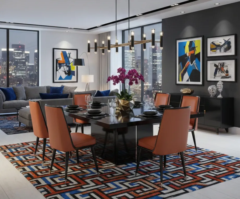 six chaises anciennes dans un cadre moderne, avec des éléments décoratifs