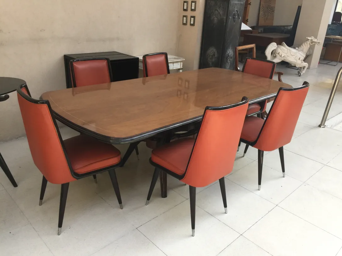 set von 6 antiken Stühlen zum Restaurieren mit orangefarbener Polsterung