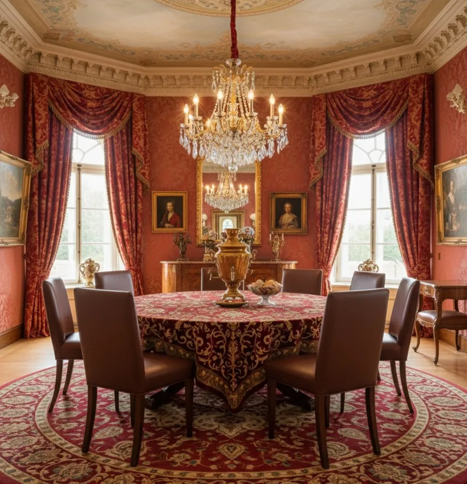 8 cadeiras antigas em um ambiente decorado com cortinas luxuosas