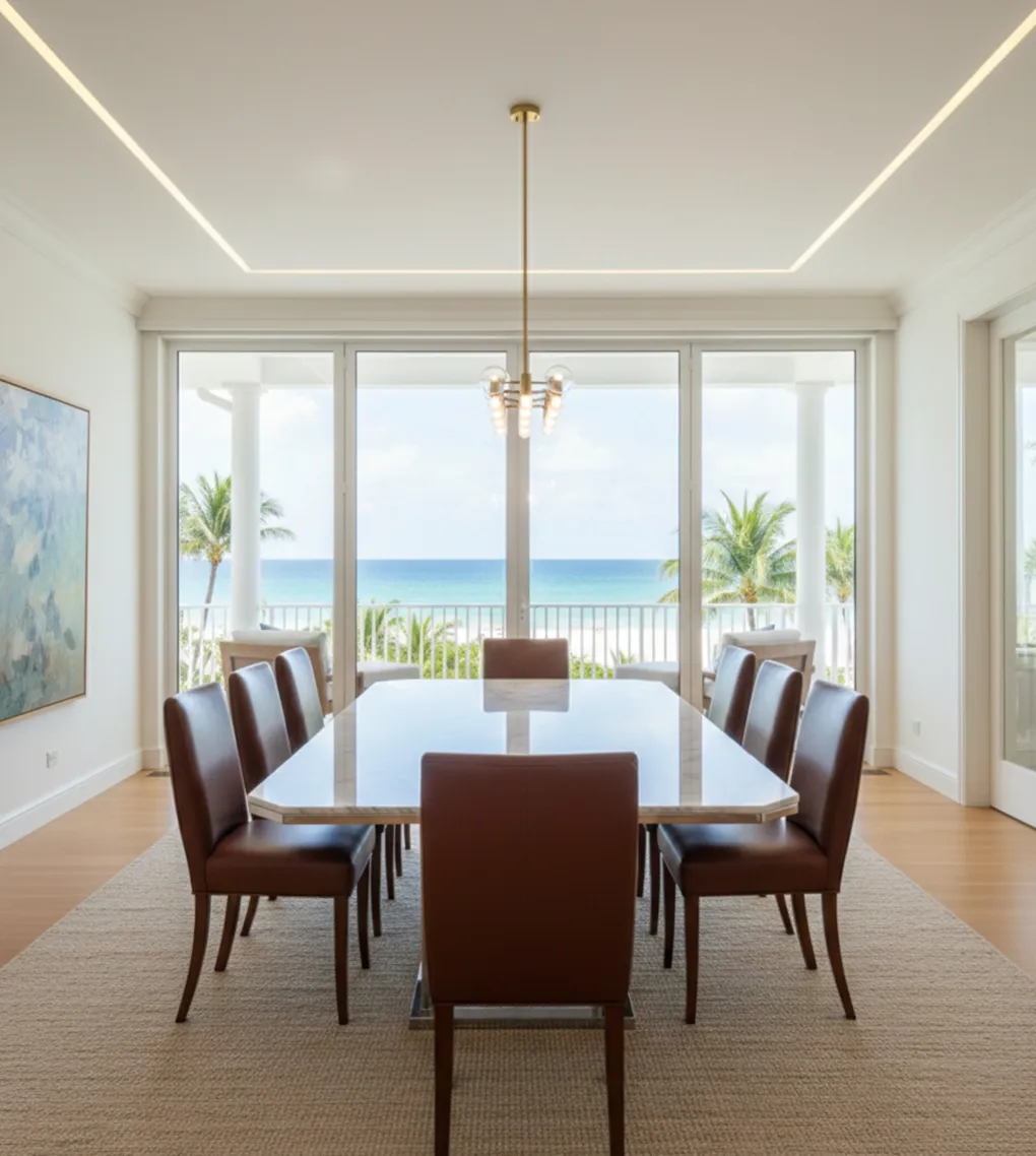 Huit chaises anciennes dans une salle à manger avec vue sur la mer