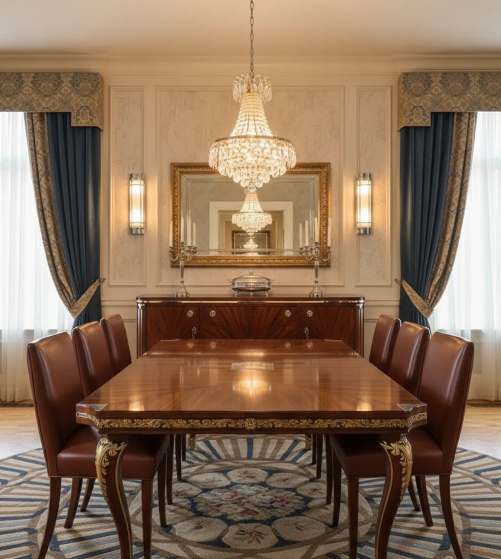 huit chaises anciennes dans une salle à manger élégante avec une grande table