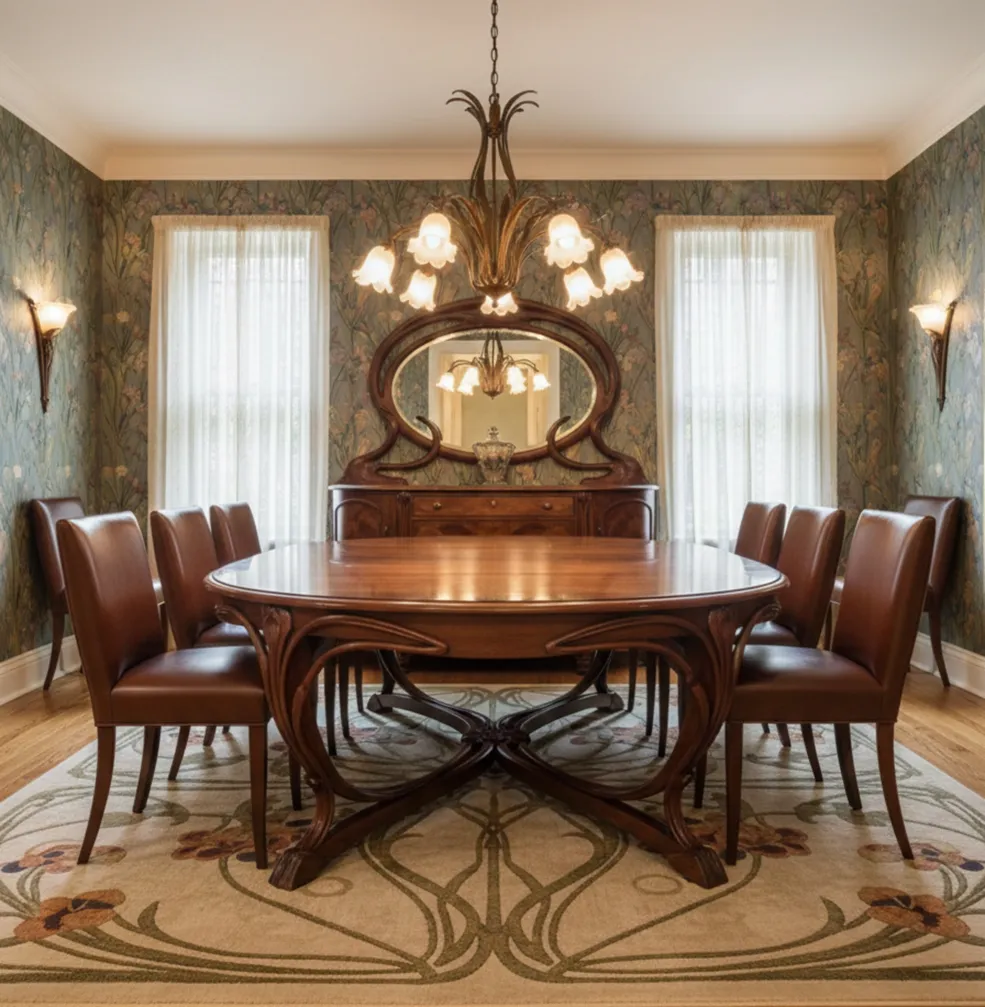 Acht antike Stühle, bereit zur Restaurierung in einem eleganten Esszimmer.